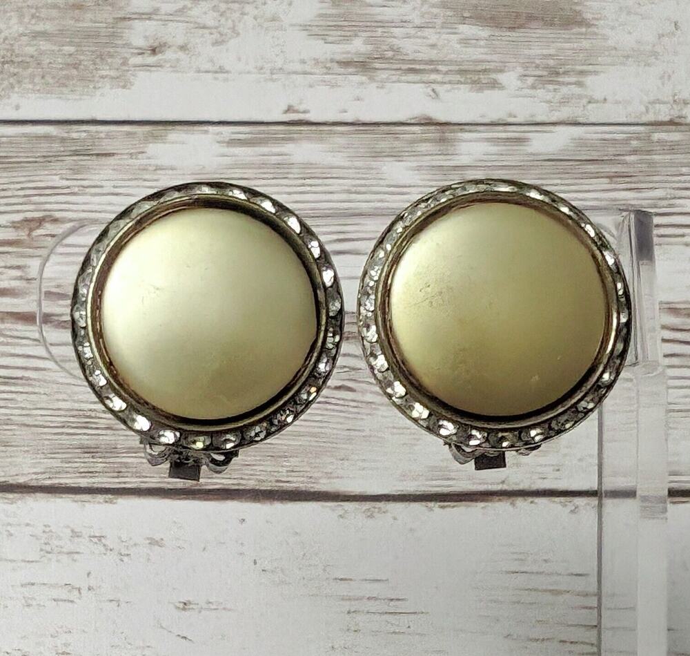 Vintage Clip On Earrings - Metallic Greeny Gold with Clear Gem Halo
